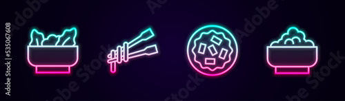 Set line Wonton, Food chopsticks with noodles, Homemade pie and Rice in bowl. Glowing neon icon. Vector
