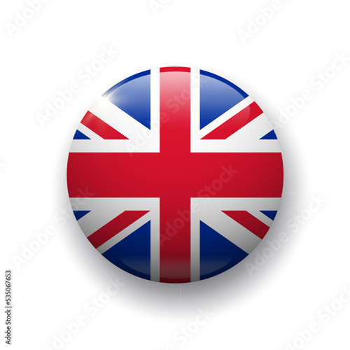 Realistic glossy button with UK flag. 3d vector element with shadow underneath. Best for mobile apps, UI and web design.