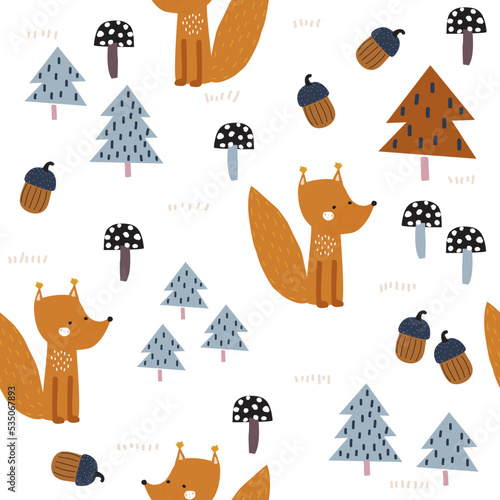 Funny squirrel in the forest seamless pattern. Childish print. Vector hand drawn illustration.