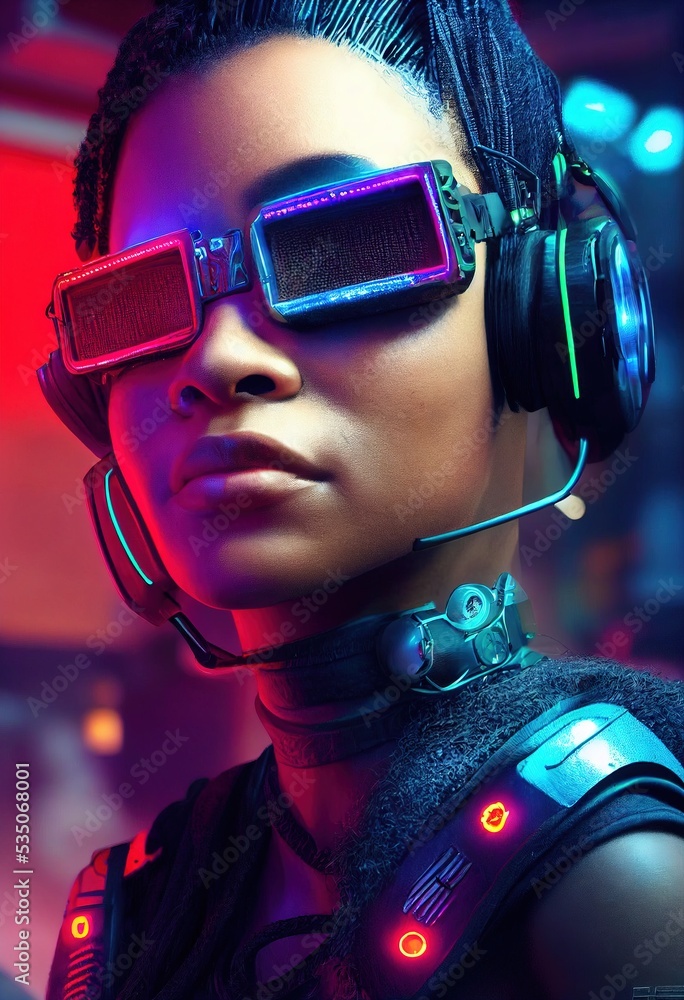 A fictional portrait of a ebony girl wearing a cyberpunk headset and ...
