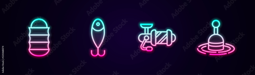 Set line Fishing net, lure, Spinning reel for fishing and float water. Glowing neon icon. Vector Set line Fishing net, lure, Spinning reel for fishing and float water. Glowing neon icon. Vector