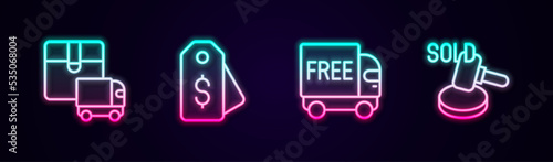 Set line Delivery cargo truck, Price tag with dollar, Free delivery service and Auction hammer. Glowing neon icon. Vector