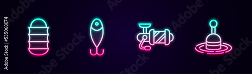 Set line Fishing net, lure, Spinning reel for fishing and float water. Glowing neon icon. Vector