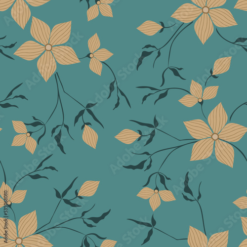 Stylish vector seamless pattern. Elegant floral texture, ornament with gold flowers and dark -blue leaves and branches on blue background. For packaging, wallpaper, fabric