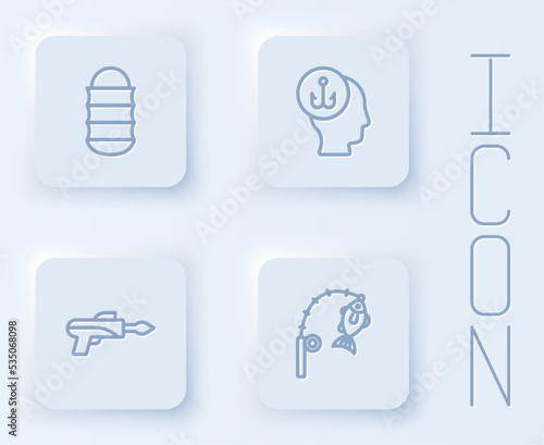 Set line Fishing net, Fisherman, harpoon and rod and fish. White square button. Vector