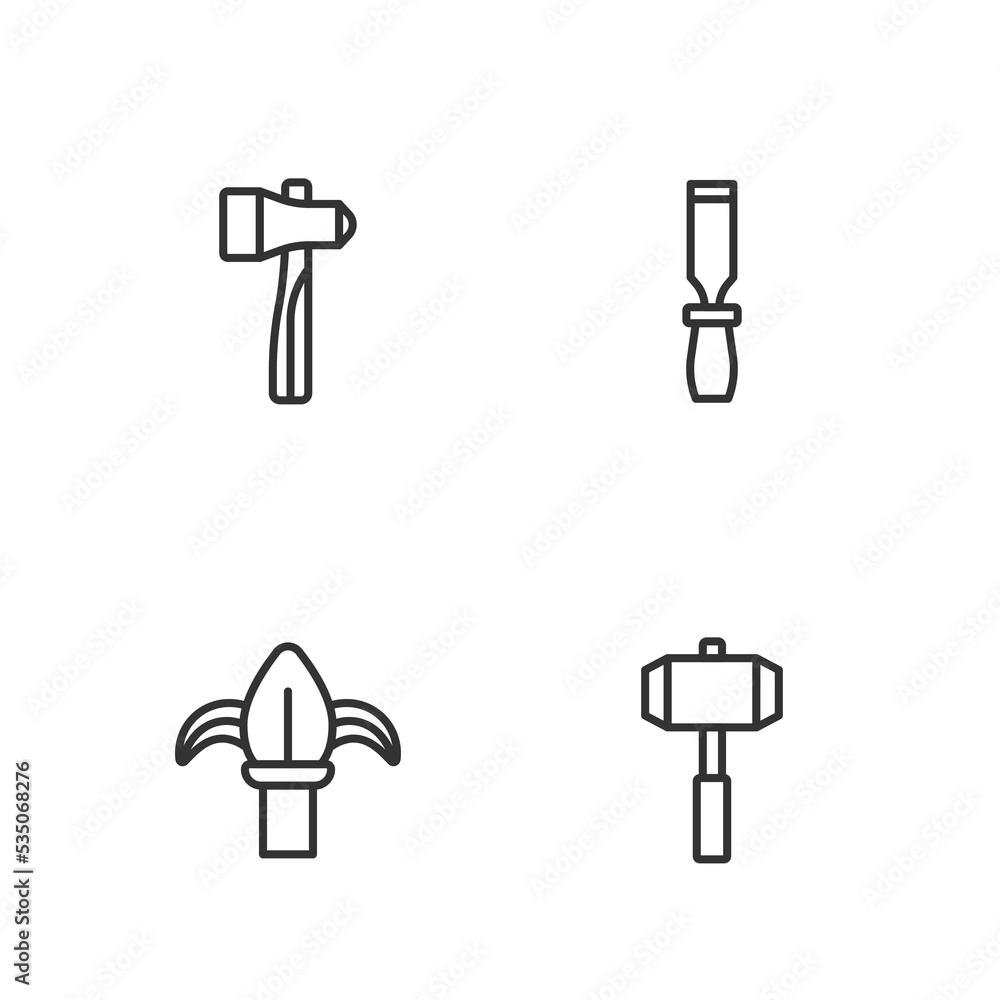 Set line Sledgehammer, Classic iron fence, Hammer and Rasp metal file icon. Vector Set line Sledgehammer, Classic iron fence, Hammer and Rasp metal file icon. Vector