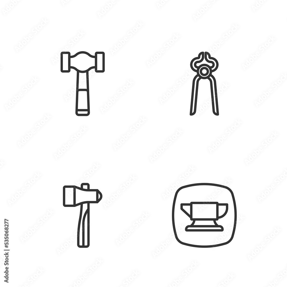 Set line Blacksmith anvil tool, Hammer, and pliers icon. Vector Set line Blacksmith anvil tool, Hammer, and pliers icon. Vector