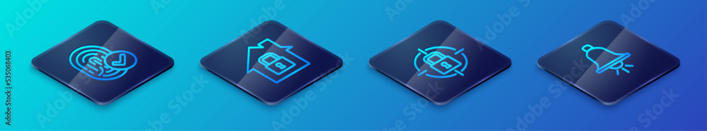 Set Isometric line Lock, Fingerprint, Ringing alarm bell and House under protection icon. Vector Set Isometric line Lock, Fingerprint, Ringing alarm bell and House under protection icon. Vector