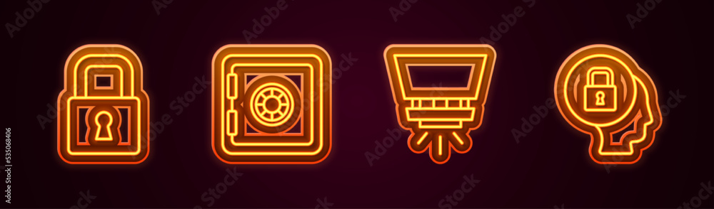 Set line Lock, Safe, Fire sprinkler system and . Glowing neon icon. Vector Set line Lock, Safe, Fire sprinkler system and . Glowing neon icon. Vector