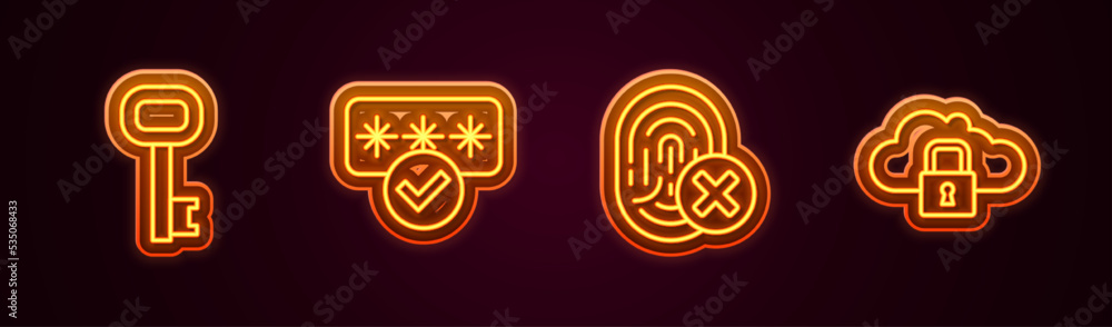 Set line Old key, Password protection, Cancelled fingerprint and Cloud computing lock. Glowing neon icon. Vector Set line Old key, Password protection, Cancelled fingerprint and Cloud computing lock. Glowing neon icon. Vector