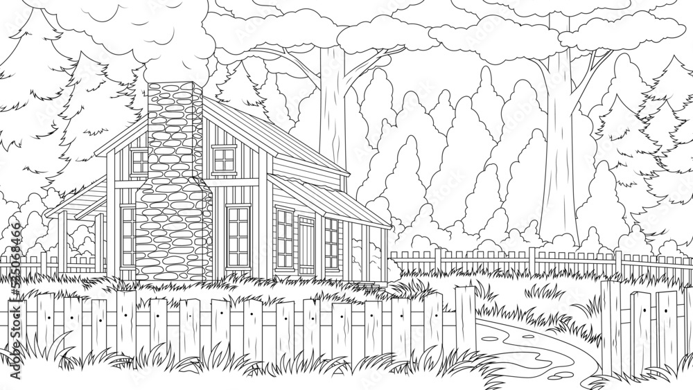 Obraz premium Vector illustration, wooden house stands in the forest