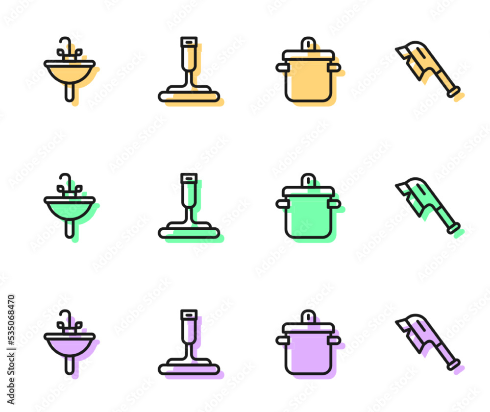Set line Cooking pot, Washbasin, Rubber cleaner for windows and Brush cleaning icon. Vector Set line Cooking pot, Washbasin, Rubber cleaner for windows and Brush cleaning icon. Vector