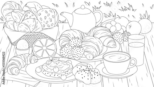Vector illustration, breakfast in nature tea party with croissants and fruits