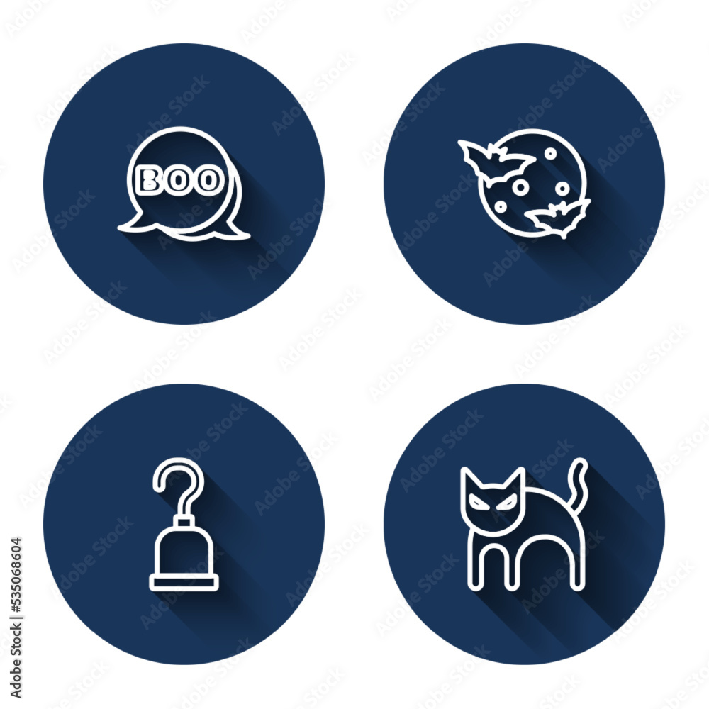 Set line Boo speech bubble, Moon and stars, Pirate hook and Black cat with long shadow. Blue circle button. Vector Set line Boo speech bubble, Moon and stars, Pirate hook and Black cat with long shadow. Blue circle button. Vector
