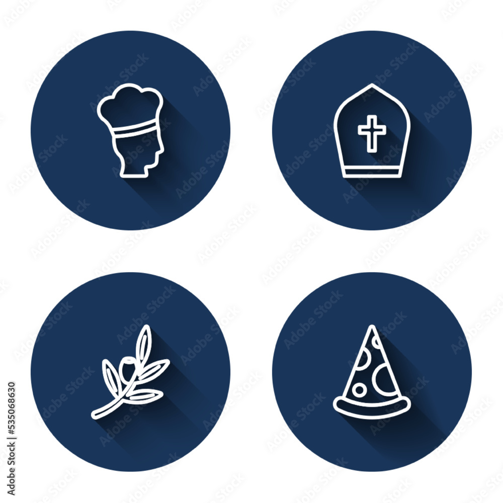 Set line Italian cook, Pope hat, Olives branch and Slice of pizza with long shadow. Blue circle button. Vector Set line Italian cook, Pope hat, Olives branch and Slice of pizza with long shadow. Blue circle button. Vector