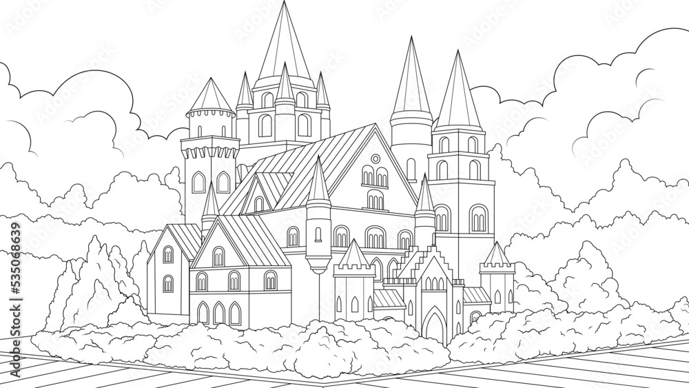 Vector illustration, old beautiful castle surrounded by trees