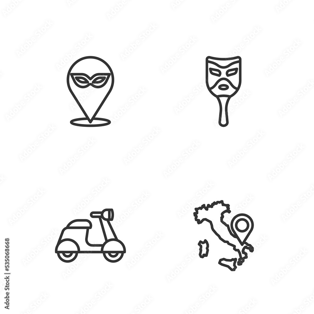 Set line Map of Italy, Scooter, Carnival mask and icon. Vector Set line Map of Italy, Scooter, Carnival mask and icon. Vector