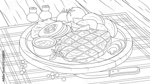 Vector illustration, appetizing dish of steak with vegetables