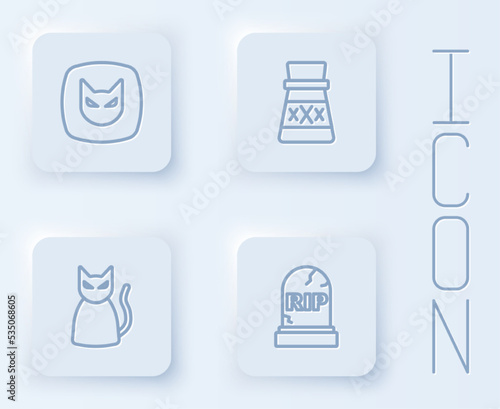Set line Black cat, Bottle with potion, and Tombstone RIP written. White square button. Vector
