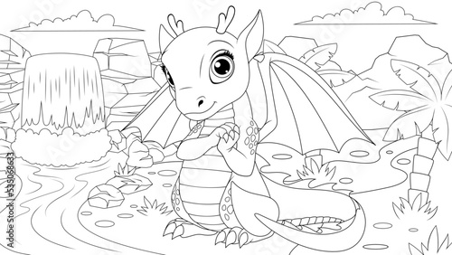 Vector illustration, funny cute little dragon sitting by the waterfall