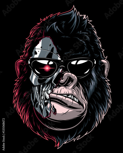Vector illustration, ferocious gorilla cyborg in sunglasses.