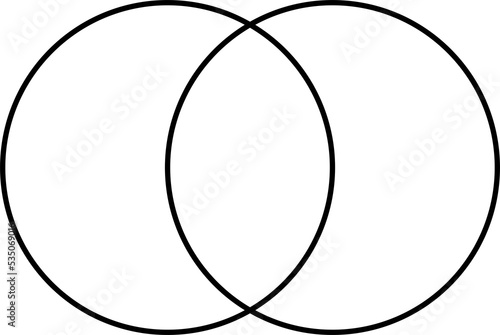 Two set venn diagram, chart. Black overlapping circles. Visual representation of similarities and differences. Isolated png illustration, transparent background. Business, economy concept.