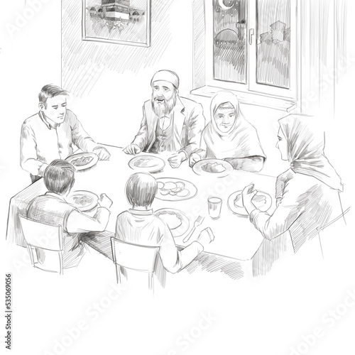 Family waiting for iftar in Ramadan. muslim family meal. Charcoal Drawing. Pencil Drawing. Engraving