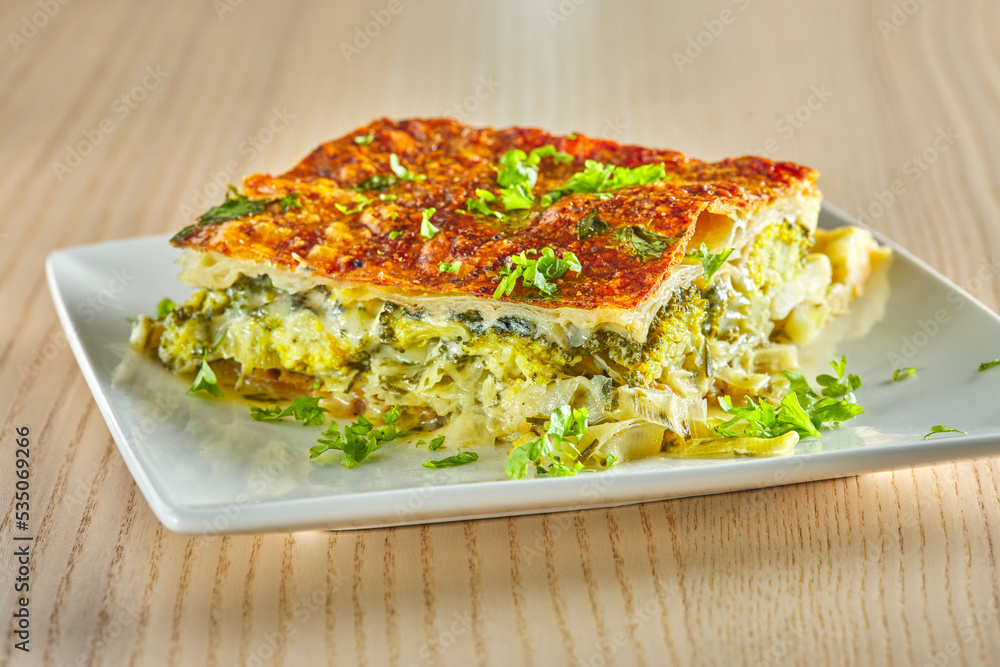 Pie made from broccoli, cheese, cream and leek Pie made from broccoli, cheese, cream and leek