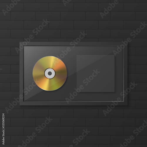 Realistic Vector 3d Yellow Golden CD, Label with Black CD Cover Frame Isolated on Black Brick Wall Background. Single Album Compact Disc Award, Limited Edition. CD Design Template