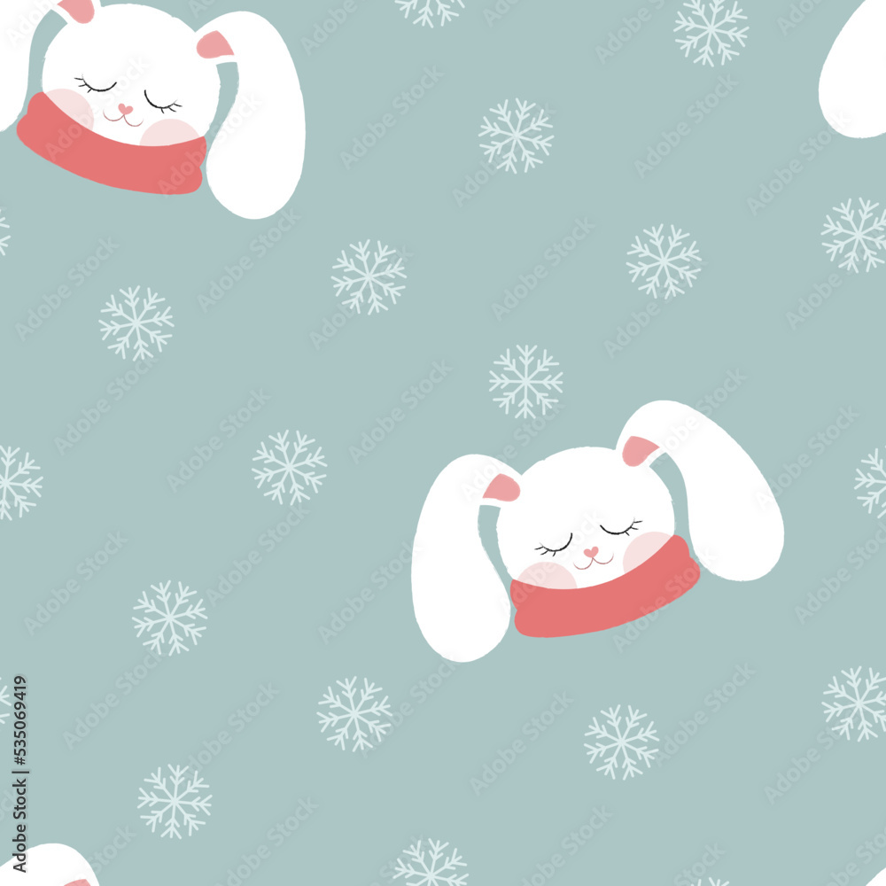 Seamless pattern with a rabbit in a scarf. Soft style. Cute animal. Snowfall. Seamless pattern with a rabbit in a scarf. Soft style. Cute animal. Snowfall.