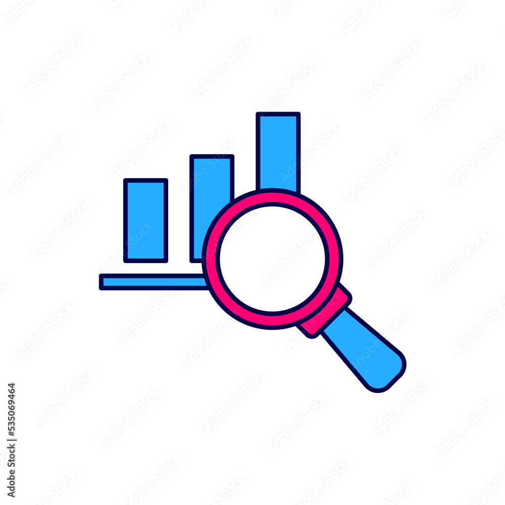 Filled outline Magnifying glass and data analysis icon isolated on white background. Vector Filled outline Magnifying glass and data analysis icon isolated on white background. Vector