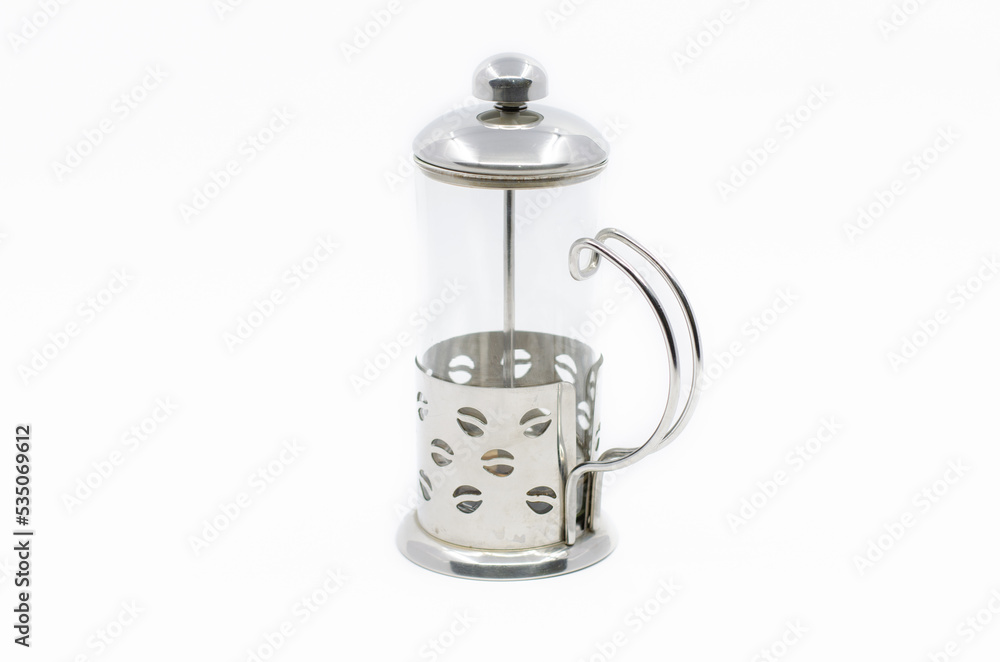 Glass french press. French press isolated on white background. Coffee pot. I drink filter coffee.
Glass french press. French press isolated on white background. Coffee pot. I drink filter coffee.