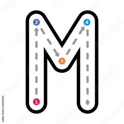 Tracing Alphabet uppercase capital letter M prewriting dotted line element for kindergarten, preschool and Montessori school kids worksheet for handwriting practice activity.