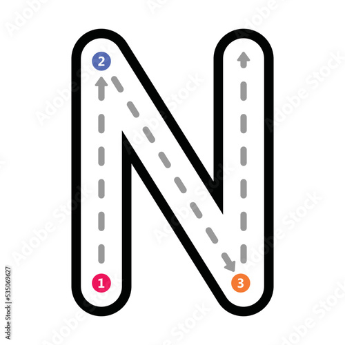 Tracing Alphabet uppercase capital letter N prewriting dotted line element for kindergarten, preschool and Montessori school kids worksheet for handwriting practice activity.