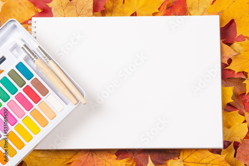 Autumn composition with blank open sketchbook and watercolor paint on red, orange and yellow autumn maple fall leaves background. Mock up, top view