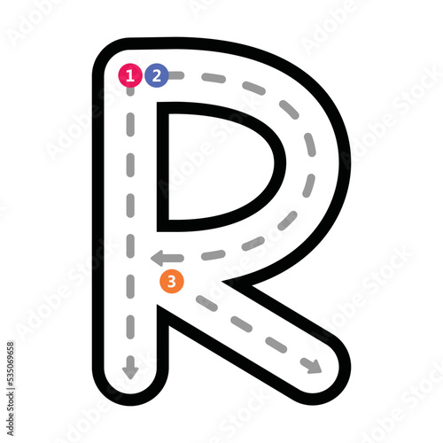 Tracing Alphabet uppercase capital letter R prewriting dotted line element for kindergarten, preschool and Montessori school kids worksheet for handwriting practice activity.
