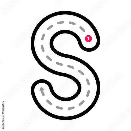 Tracing Alphabet uppercase capital letter S prewriting dotted line element for kindergarten, preschool and Montessori school kids worksheet for handwriting practice activity.