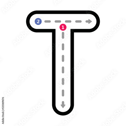 Tracing Alphabet uppercase capital letter T prewriting dotted line element for kindergarten, preschool and Montessori school kids worksheet for handwriting practice activity.