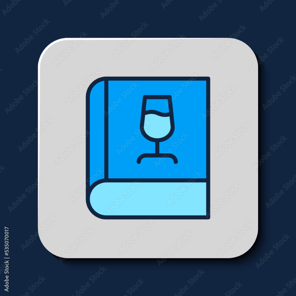 Filled outline Book about wine icon isolated on blue background. Wine glass icon. Wineglass sign. Vector Filled outline Book about wine icon isolated on blue background. Wine glass icon. Wineglass sign. Vector