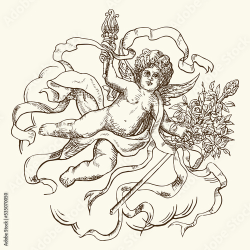 Foto Cherub Angels Engraved Illustration, Cupids engraving ornament antique style