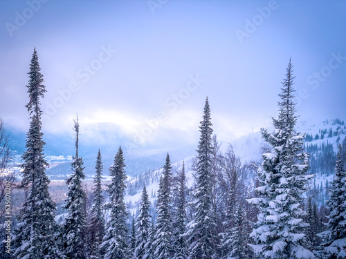 Winter landscape in Sheregesh ski resort in Russia, located in Mountain Shoriya, Siberia. Ski slopes and a view of the Sheregesh village photo