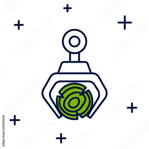 Filled outline Grapple crane grabbed a log icon isolated on white background. Forest industry. Industrial crane for lumber trunk wood production. Vector