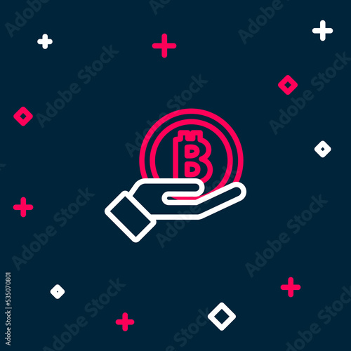 Line Hand holding Bitcoin icon isolated on blue background. Blockchain technology, digital money market, cryptocoin wallet. Colorful outline concept. Vector