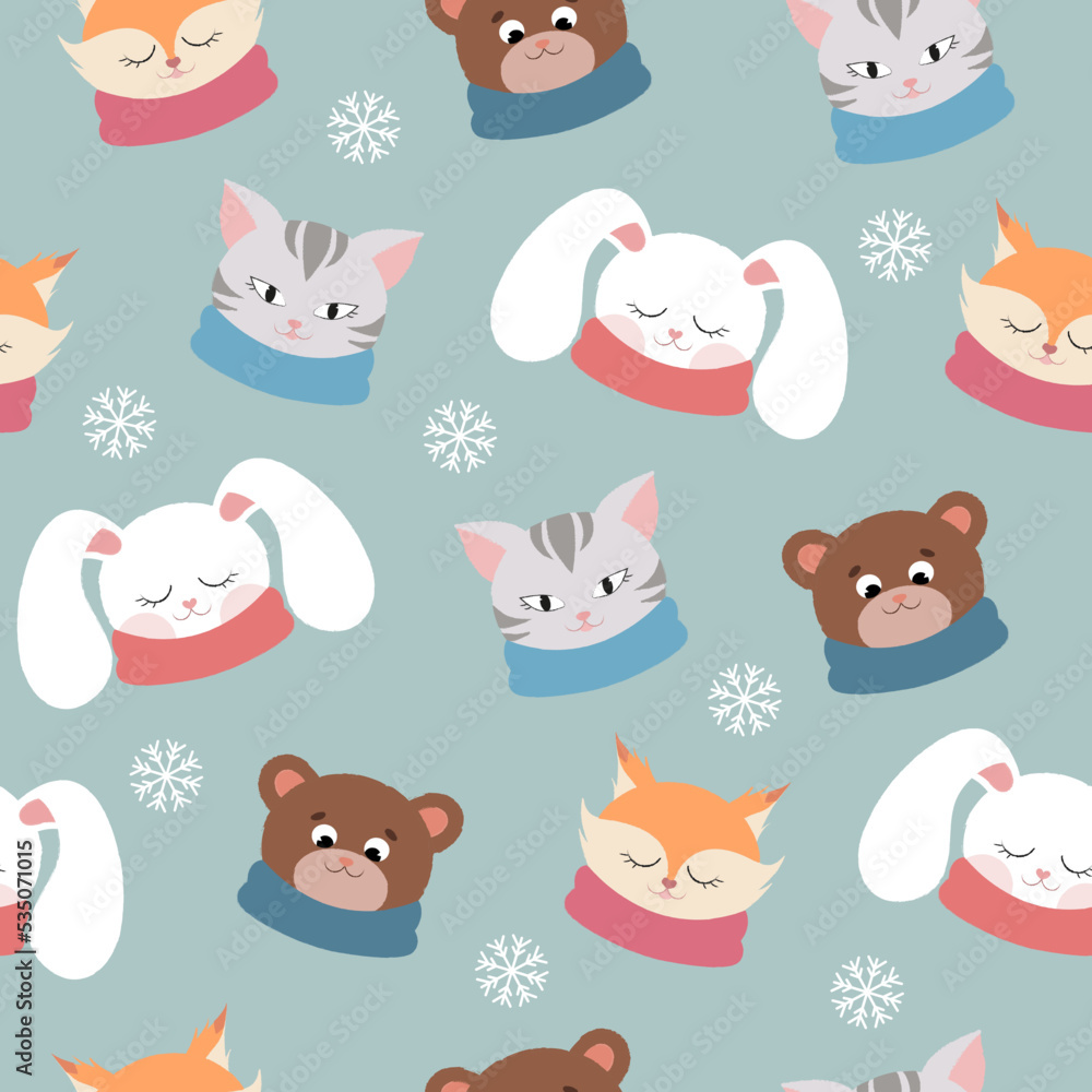 Seamless pattern with animals in scarves. Soft style. Cute animals. Rabbit, fox, cat and bear. Snowfall.