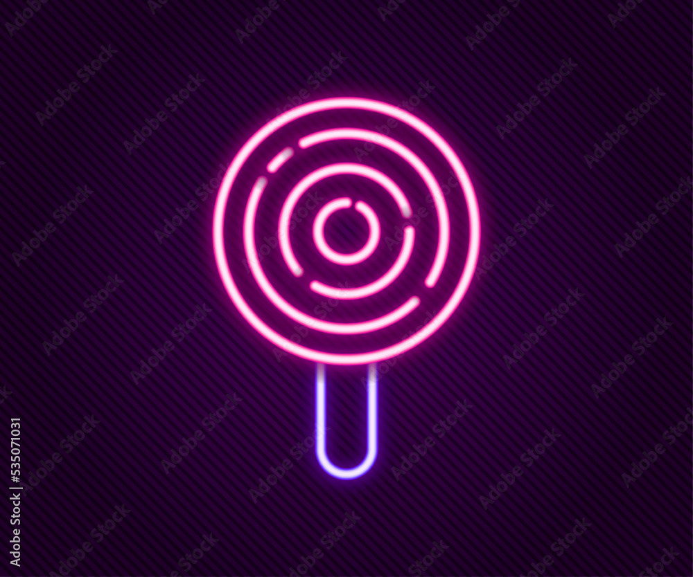 Glowing neon line Lollipop icon isolated on black background. Candy sign. Food, delicious symbol. Colorful outline concept. Vector Glowing neon line Lollipop icon isolated on black background. Candy sign. Food, delicious symbol. Colorful outline concept. Vector