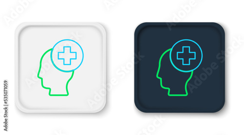 Line Male head with hospital icon isolated on white background. Head with mental health, healthcare and medical sign. Colorful outline concept. Vector