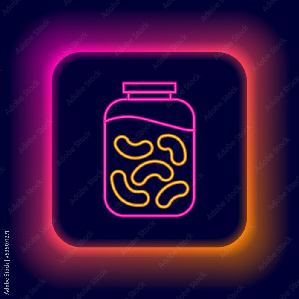 Glowing neon line Pickled cucumbers in a jar icon isolated on black background. Colorful outline concept. Vector Glowing neon line Pickled cucumbers in a jar icon isolated on black background. Colorful outline concept. Vector
