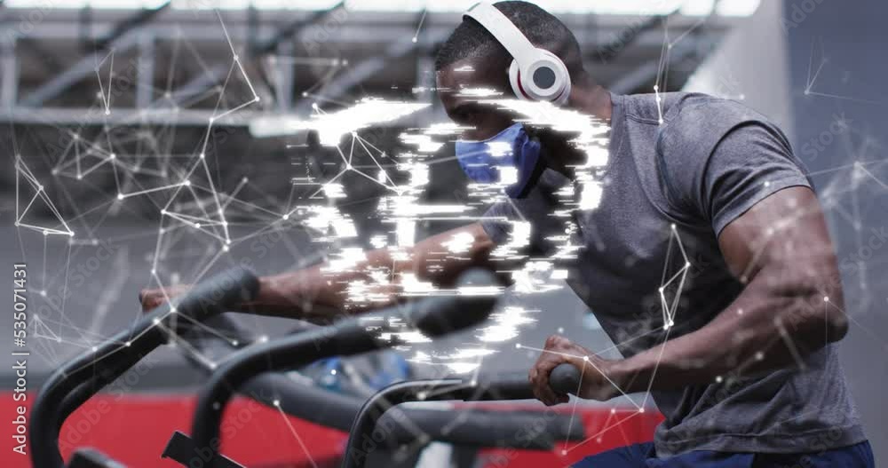 Animation of shapes and padlock over african american man exercising Animation of shapes and padlock over african american man exercising