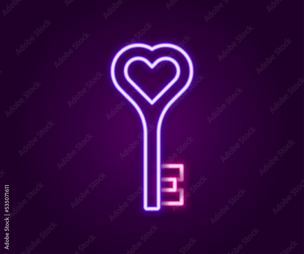 Glowing neon line Key in heart shape icon isolated on black background. Happy Valentines day. Colorful outline concept. Vector Glowing neon line Key in heart shape icon isolated on black background. Happy Valentines day. Colorful outline concept. Vector