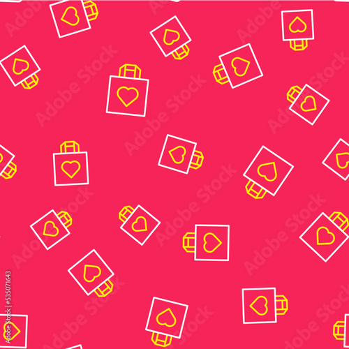 Line Shopping bag with heart icon isolated seamless pattern on red background. Shopping bag shop love like heart icon. Happy Valentines day. Vector